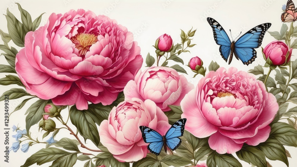 A botanical illustration featuring large,