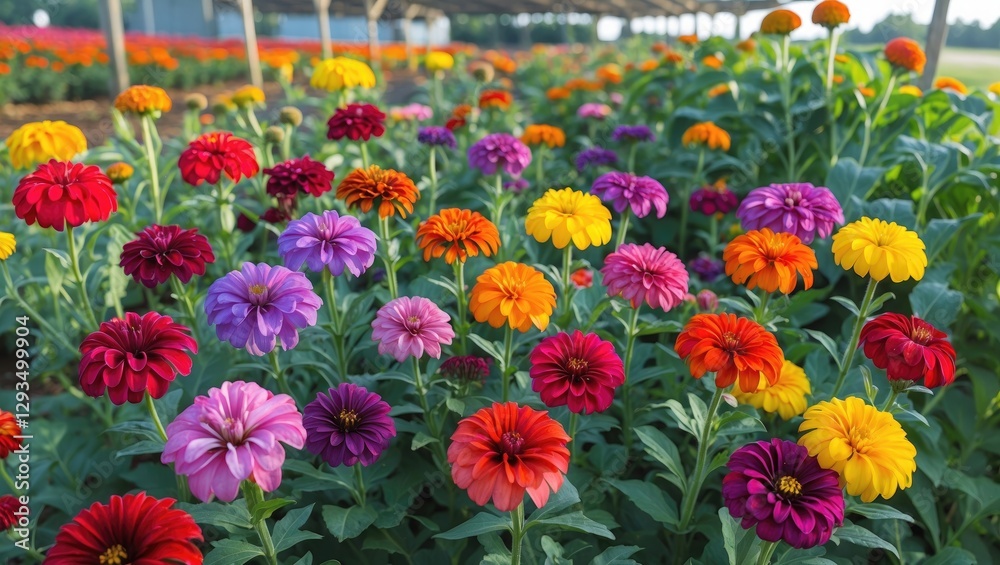 Lush Colorful Zinnia Flowers in Bloom at a Farm with Vibrant Hues and Space for Text in Natural Outdoor Setting. Lush Colorful Zinnia Flowers in Bloom at a Farm with Vibrant Hues and Space for Text in Natural Outdoor Setting.