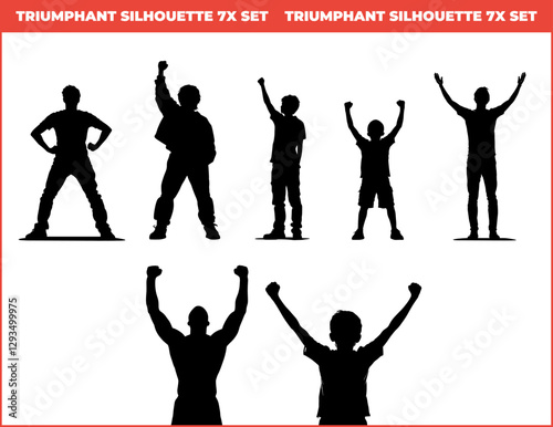 7x Set Happy triumphant in victory pose man and boy with arms opened wide