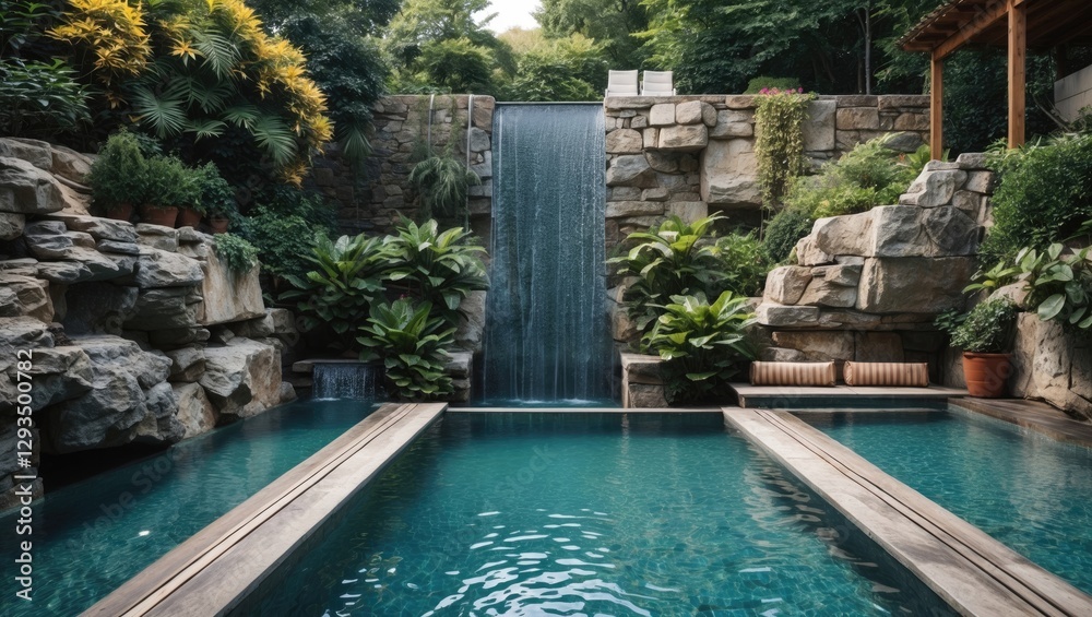 Serene swimming pool with a natural stone waterfall surrounded by lush greenery and empty space for text or branding. Serene swimming pool with a natural stone waterfall surrounded by lush greenery and empty space for text or branding.