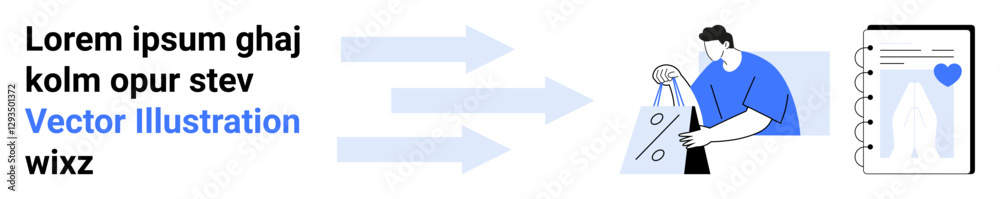 Abstract arrows lead to a man holding shopping bags and a smartphone with a delivery tracking app. Ideal for e-commerce, delivery services, online shopping, customer journey, retail, logistics Abstract arrows lead to a man holding shopping bags and a smartphone with a delivery tracking app. Ideal for e-commerce, delivery services, online shopping, customer journey, retail, logistics