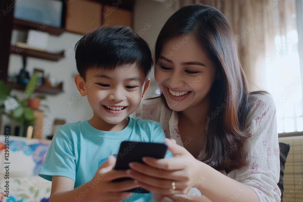 Mother and Child Using Smartphone. Mother and child smiling while using smartphone in living room. Ideal for family, technology, or parenting themes. Mother and Child Using Smartphone. Mother and child smiling while using smartphone in living room. Ideal for family, technology, or parenting themes.