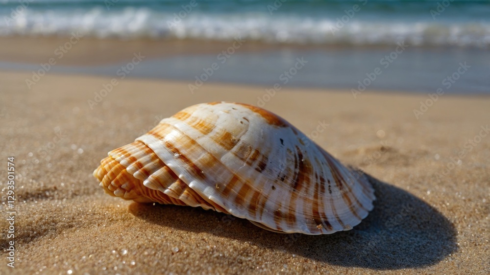 Seashell on sandy beach with gentle waves in the background ideal for artwork, wallpapers, quotes, and various creative projects. Seashell on sandy beach with gentle waves in the background ideal for artwork, wallpapers, quotes, and various creative projects.