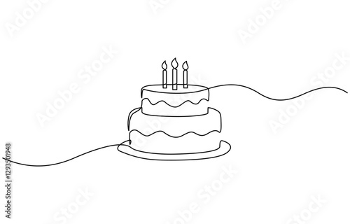 Birthday cake in continuous line art drawing style. Large three-layer holiday cake with candle on the top, continuous line art drawing style. Traditional birthday cake with candle.