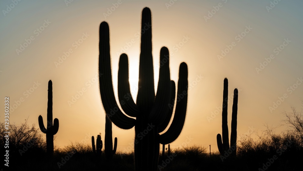 Cactus Silhouettes Against a Bright Sunset Sky in Arid Desert Landscape Cactus Silhouettes Against a Bright Sunset Sky in Arid Desert Landscape