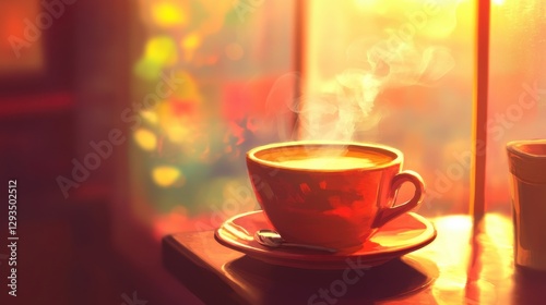 Wallpaper Mural Warm and Inviting Coffee Cup with Steaming Drink by a Sunlit Window, Capturing a Cozy Morning Atmosphere with Soft Colorful Backgrounds Torontodigital.ca