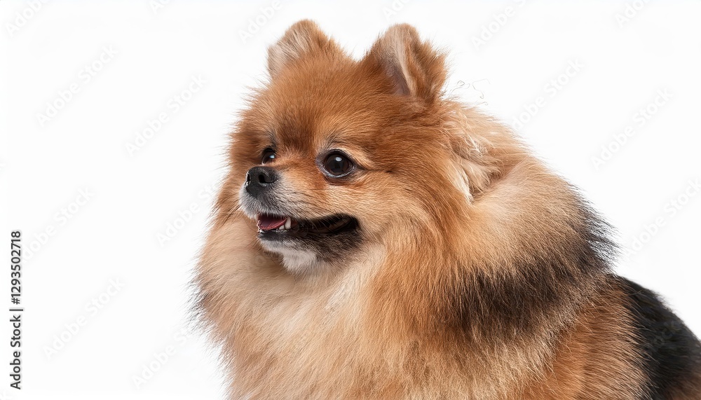 Vibrant Pomeranian Portrait against a White Backdrop, Capturing the Playful Elegance of this Miniature Canine Breed Vibrant Pomeranian Portrait against a White Backdrop, Capturing the Playful Elegance of this Miniature Canine Breed