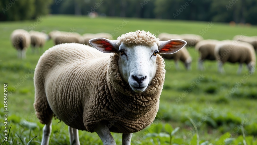 Sheep Gazing Curiously on Lush Green Farm Pasture with Flock in Background Ideal for Nature and Agriculture Related Projects Sheep Gazing Curiously on Lush Green Farm Pasture with Flock in Background Ideal for Nature and Agriculture Related Projects