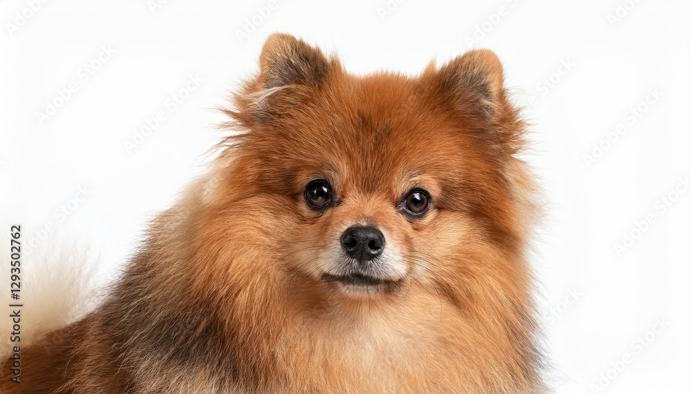 Isolated Pomeranian on White Background, Cute and Charming Mammal Animal Portrayed with Soft Fur Textures and Bright Eyes Sparkling against a Minimalist Backdrop, Perfect for Digital Art, Home Isolated Pomeranian on White Background, Cute and Charming Mammal Animal Portrayed with Soft Fur Textures and Bright Eyes Sparkling against a Minimalist Backdrop, Perfect for Digital Art, Home
