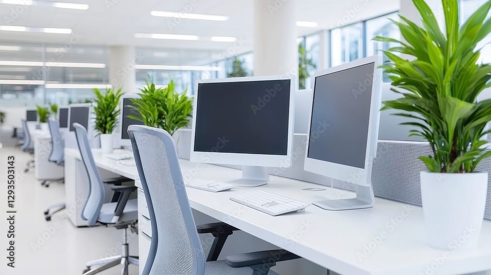 Fototapeta premium Modern Corporate Office, a sleek design blends professional aesthetics with inviting spaces, fostering collaboration and productivity in a vibrant work environment.