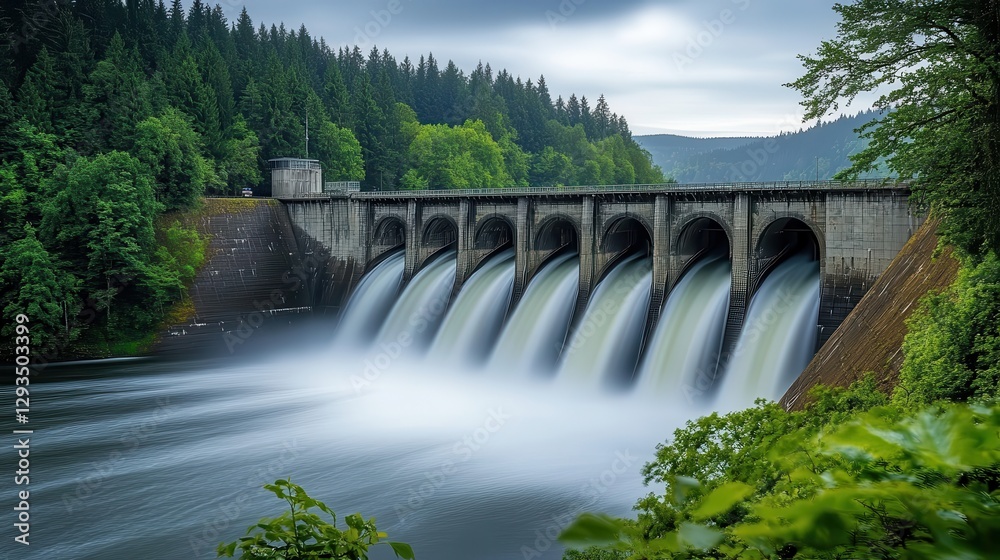 Majestic Hydro Power Station with Waterfall Flowing Through Dam in Lush Green Forest Landscape Majestic Hydro Power Station with Waterfall Flowing Through Dam in Lush Green Forest Landscape