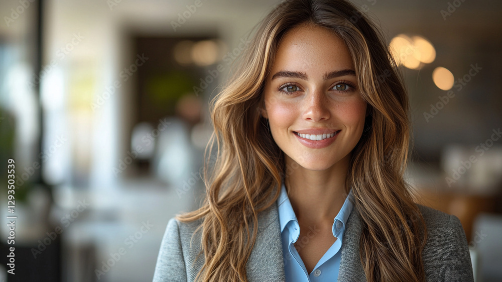 Naklejka premium A confident young woman with a radiant smile, exuding success and warmth in a stylish blazer, captured with soft natural lighting and a blurred background.