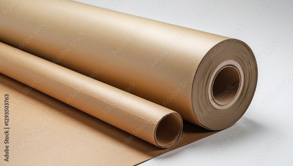 Beige wrapping paper rolls on a white background ideal for packaging and protection, recyclable material suitable for various uses. Beige wrapping paper rolls on a white background ideal for packaging and protection, recyclable material suitable for various uses.