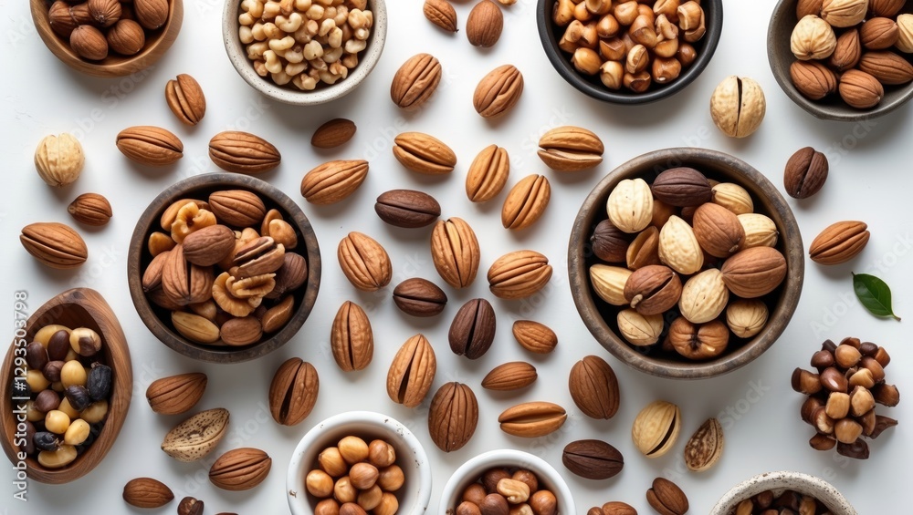 Assorted nuts in bowls on a white background with natural textures and space for text emphasizing healthy snacking options Assorted nuts in bowls on a white background with natural textures and space for text emphasizing healthy snacking options