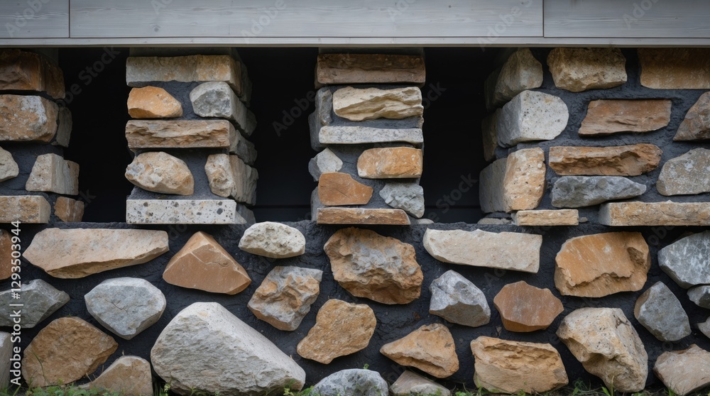 Natural stone cladding on house foundation showcasing varying textures and colors in a rustic architectural design. Natural stone cladding on house foundation showcasing varying textures and colors in a rustic architectural design.