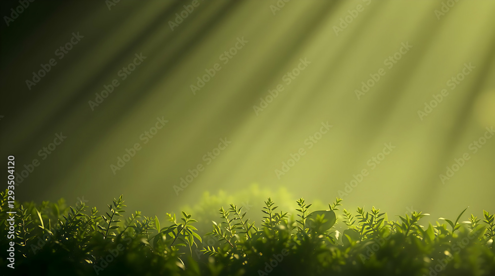 Obraz premium Serene Nature Photograph of Lush Green Landscape with Vibrant Plants, Soft Sunlight, and Tranquil Atmosphere