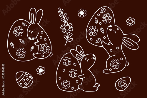 Outline Easter Bunnies With Paschal Eggs Doodles. Spring Holiday Collection. Isolated Vector Line Hand-drawn illustrations for festive decor and design