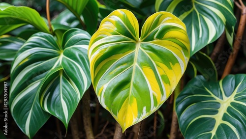 Philodendron Gloriosum leaves displaying yellowing due to pest infestation showcasing heart-shaped foliage in lush rainforest setting. photo