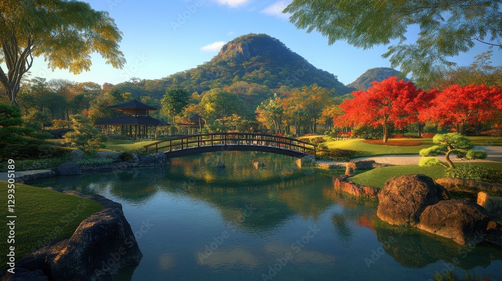 Wooden bridge crossing a pond in a colorful japanese garden during autumn Wooden bridge crossing a pond in a colorful japanese garden during autumn