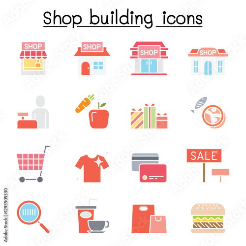 Shop building, Shopping mall, supermarket icon set in thin line style