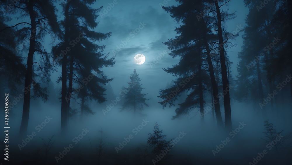Fototapeta premium Misty moonlit forest silhouette