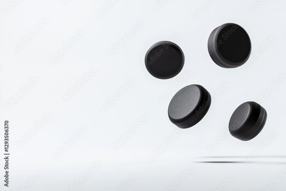 Floating black pucks create dynamic motion against minimalist ba Floating black pucks create dynamic motion against minimalist ba