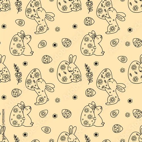 Outline Easter Seamless pattern. Cute paschal bunny with decorative Egg on yellow background. Holiday Vector illustration in linear drawing doodle style