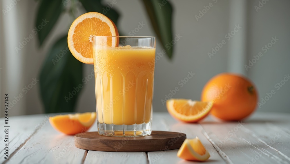 Freshly Squeezed Orange Juice in a Tall Glass with Slices on a Rustic Wooden Table, Surrounded by Whole Oranges and Natural Light. Freshly Squeezed Orange Juice in a Tall Glass with Slices on a Rustic Wooden Table, Surrounded by Whole Oranges and Natural Light.