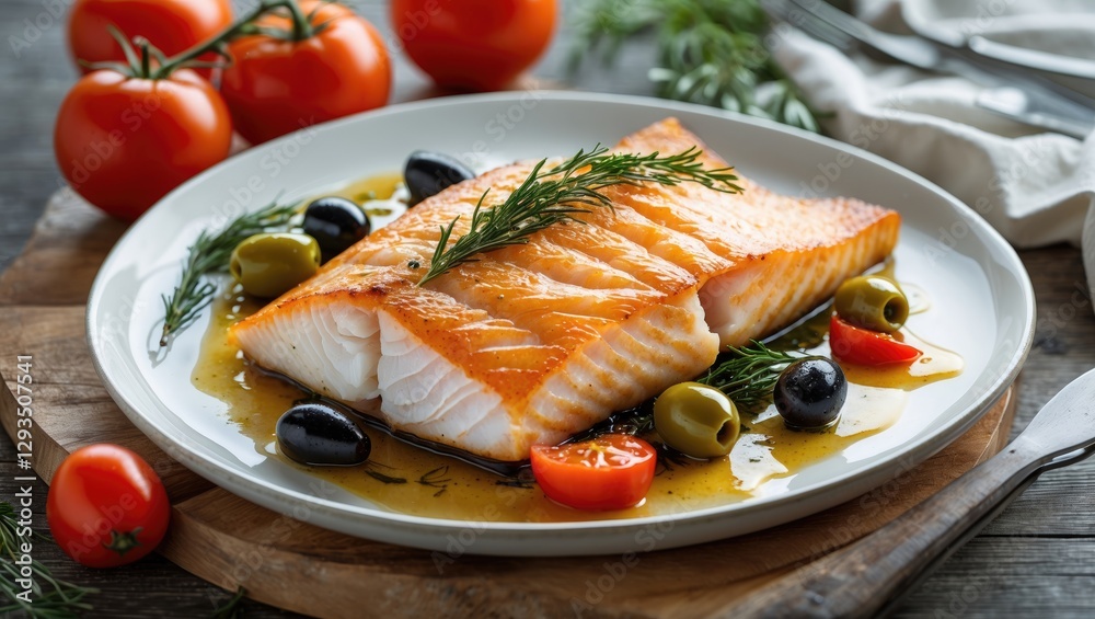 Roasted Golden Fish Fillet Garnished with Olives and Cherry Tomatoes on a White Plate Beautifully Presented for Gourmet Dining Roasted Golden Fish Fillet Garnished with Olives and Cherry Tomatoes on a White Plate Beautifully Presented for Gourmet Dining