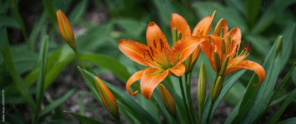 Vibrant Orange Bush Lily Flowers Surrounded by Lush Green Foliage in Natural Garden Setting Vibrant Orange Bush Lily Flowers Surrounded by Lush Green Foliage in Natural Garden Setting
