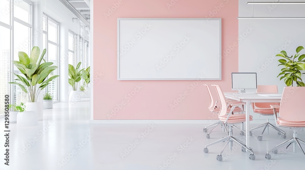Fototapeta premium Modern Tech Startup Office, a collaborative workspace featuring open seating, interactive whiteboards, and a sleek minimalist design promoting creativity and teamwork.