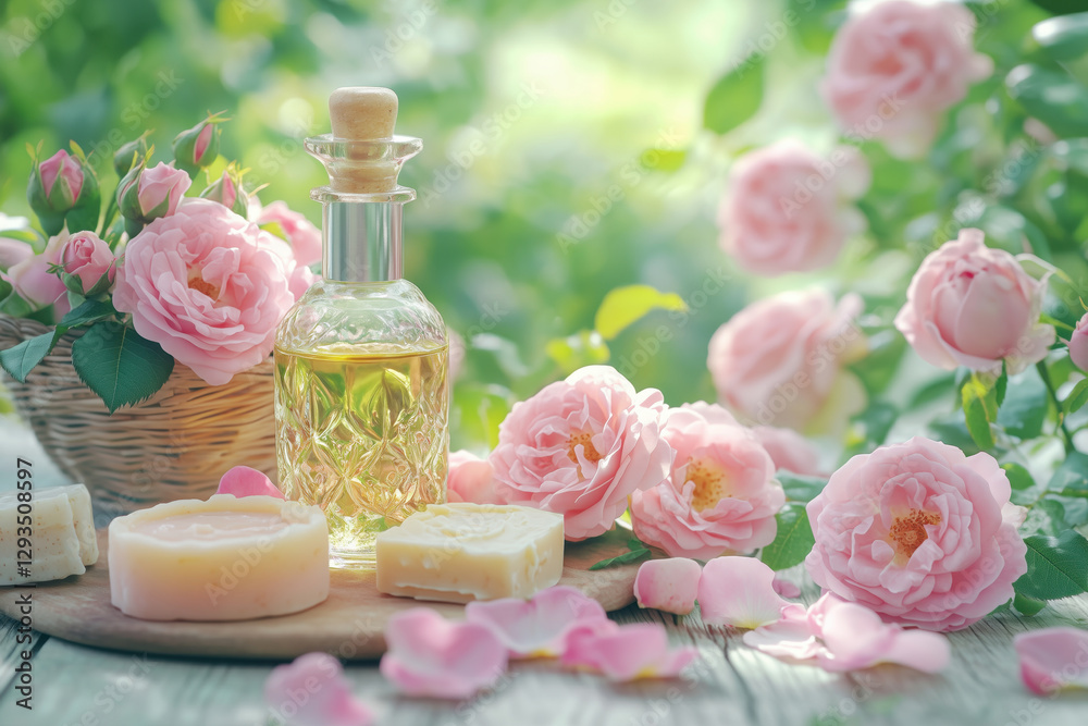 Natural rose cosmetics. Rose oil and soap among bushes of perfume rose and rose petals Natural rose cosmetics. Rose oil and soap among bushes of perfume rose and rose petals