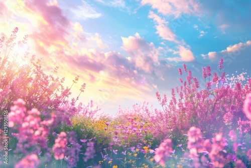 Purple lavender flowers on sunny beautiful nature spring background. Summer scene with fresh lavandula flower of lilac color. Neural network ai generated