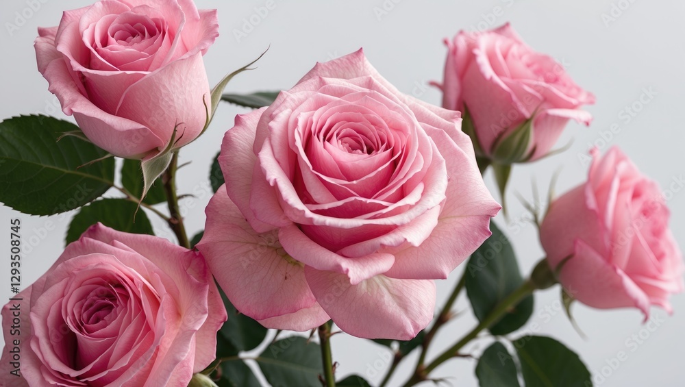Five delicate pink roses with lush green leaves arranged beautifully on a soft white background showcasing elegance and natural beauty Five delicate pink roses with lush green leaves arranged beautifully on a soft white background showcasing elegance and natural beauty