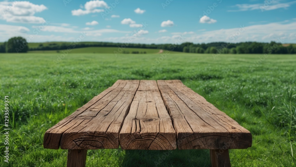 Rustic Wooden Table Against Lush Green Meadow Under Clear Blue Sky Perfect for Seasonal Decor and Summer Events Rustic Wooden Table Against Lush Green Meadow Under Clear Blue Sky Perfect for Seasonal Decor and Summer Events