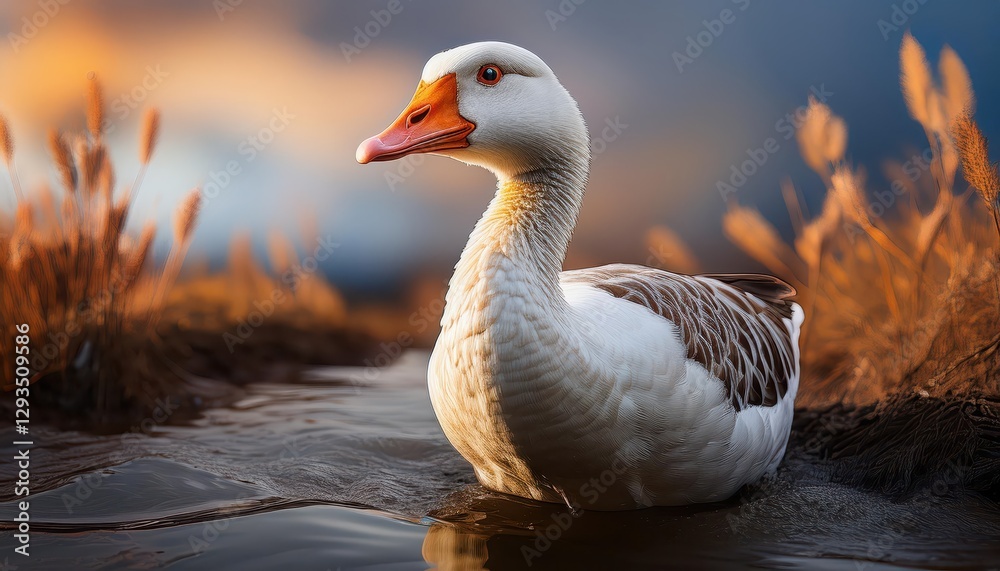 Tranquil Farmyard Morning A Majestic Domestic Goose in a Serene Pastoral Landscape, Caught in the Soft, Dewy Light of Dawn. Tranquil Farmyard Morning A Majestic Domestic Goose in a Serene Pastoral Landscape, Caught in the Soft, Dewy Light of Dawn.