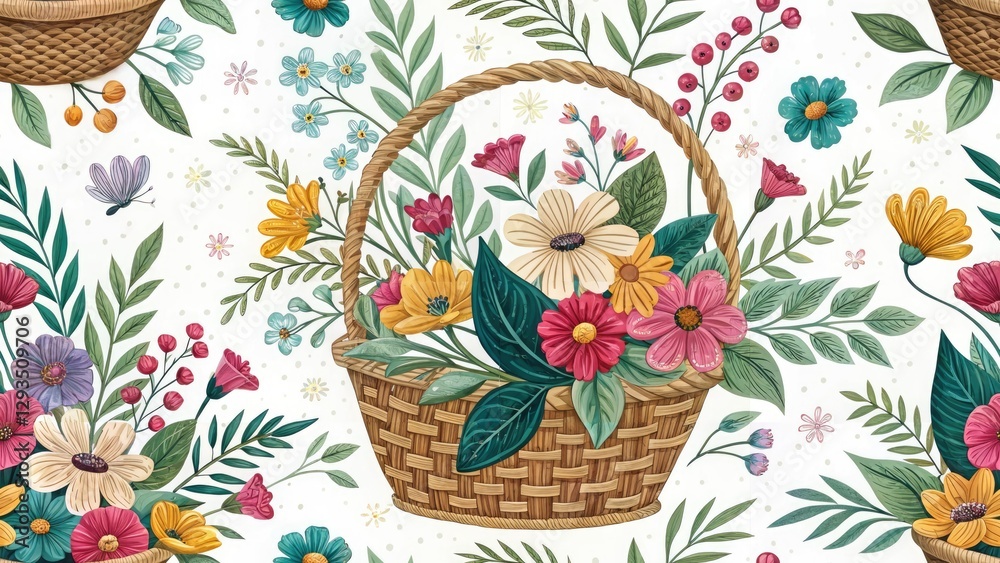 Fototapeta premium Aerial Drone Shot Vibrant Floral Basket Design, Stunning Overhead Flower Arrangement Photography, Colorful Spring Basket, Unique Floral Gift