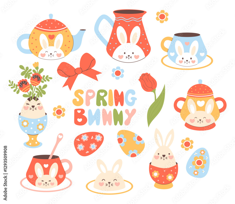 Fototapeta premium Cute spring bunny and Easter decoration clipart. Isolated springtime holiday, tea party elements with rabbit decor, eggs, teapot, cup, flowers on white background. Vector illustration