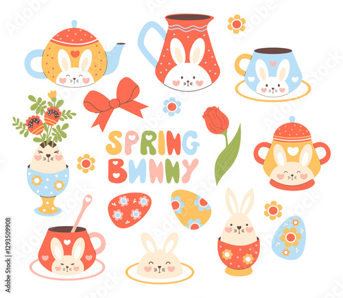 Cute spring bunny and Easter decoration clipart. Isolated springtime holiday, tea party elements with rabbit decor, eggs, teapot, cup, flowers on white background. Vector illustration