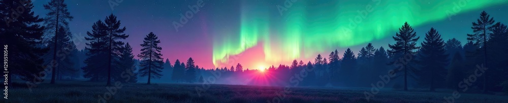 Fototapeta premium Forest of glowing trees under an aurora borealis at dawn, aurora borealis, forest, nature