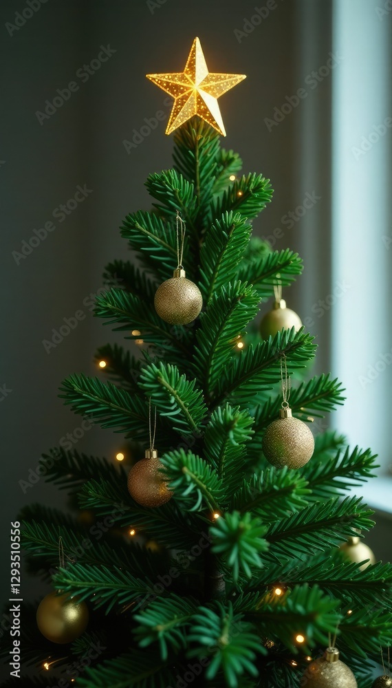 Fototapeta premium Fresh evergreen tree with emerald green needles and a shiny golden star on top, evergreen branches, holiday decoration