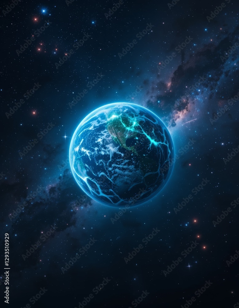 Naklejka premium An isolated glowing planet resembling Earth, surrounded by cosmic dust and shimmering stars, with vivid blues and greens on its surface, set against galaxies and nebulae. Generative AI