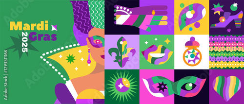 Mardi Gras Carnival, masquerade,  colorful poster   holidayy template design Vector carnaval banners  with mask, confetti, balloon, garland funky illustration