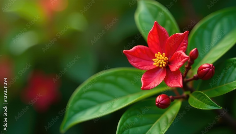 Red flower buds and green leaves on a Photinia branch, photinia, red Red flower buds and green leaves on a Photinia branch, photinia, red