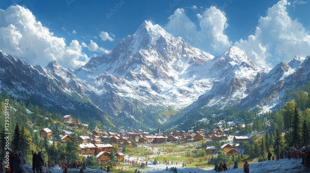 Fototapeta premium Alpine village nestled in a snowy valley, sunny day