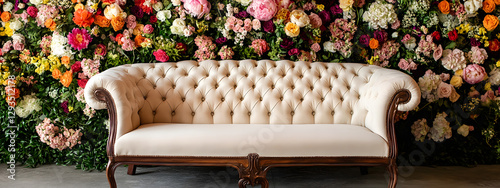 A vintage sofa with soft, velvety fabric and elegant wooden legs sits in front of an array of colorful flowers
