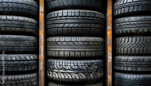 Stacked tires displayed vertically showcasing various tread patterns and textures in a storage environment for automotive use.