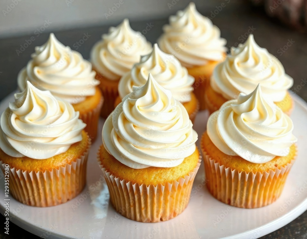 Vanilla cupcakes decorated with a delicate pattern of creamy white swirled frosting, sweet texture, vanilla cupcakes Vanilla cupcakes decorated with a delicate pattern of creamy white swirled frosting, sweet texture, vanilla cupcakes