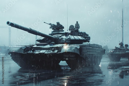 Big modern battle tank in the rainy conflict zone. Neural network ai generated photo