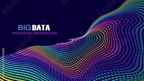 Colorful Big Data and Deep Learning Technology Background: Abstract Digital Wave with Dots. Futuristic Circular Data Visualization and Business Graphs
